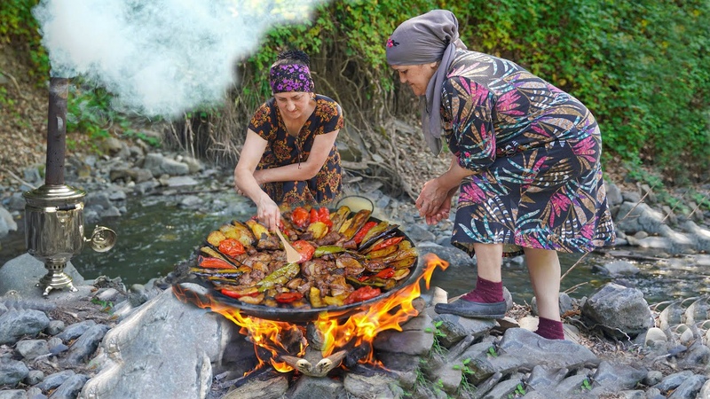 Delicious Saj From Lamb against the backdrop of beautiful nature and the noise of the