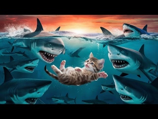 Cat fighting with shark to help kitten