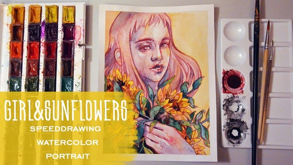 Girl Sunflowers Ink Watercolor Speed