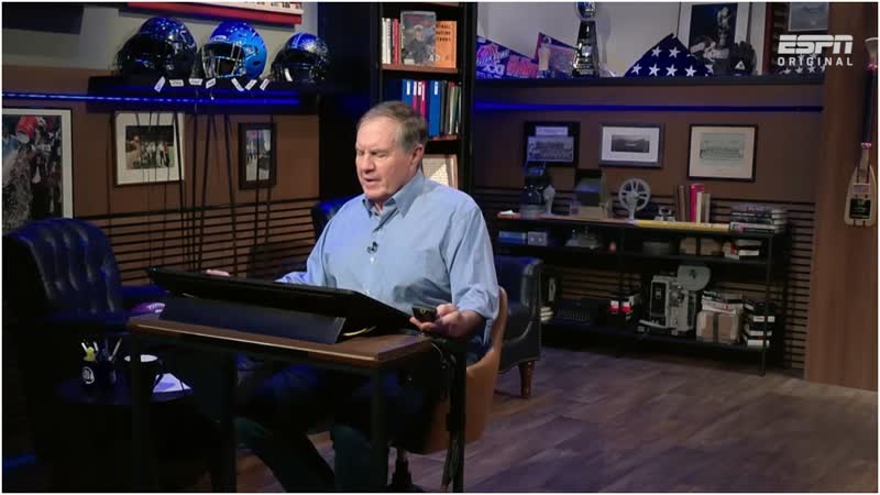 Bill Belichick examines Troy Aikmans BANG 8 pass play with Michael Irvin, The