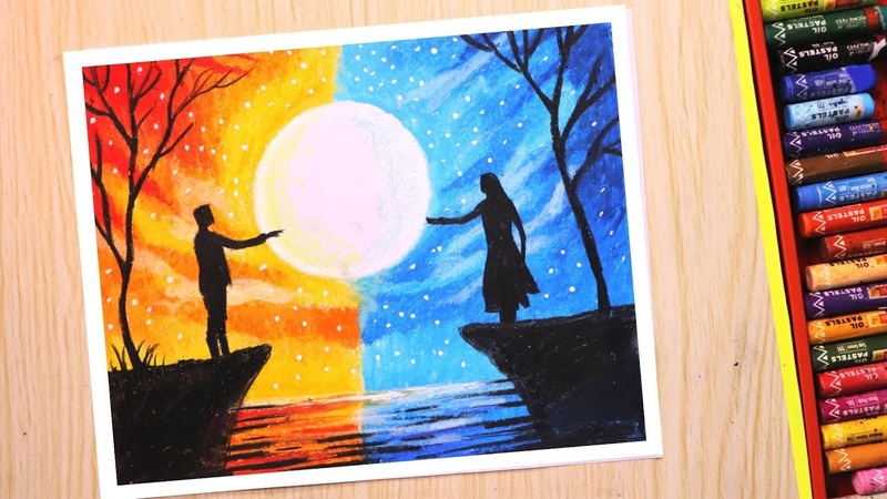 Oil pastel drawing for beginners, Love and Separation Scenery