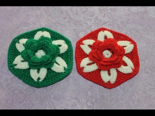 Шестиугольный мотив с объемным цветком крючком. Crochet Hexagon Motif with a Flower.