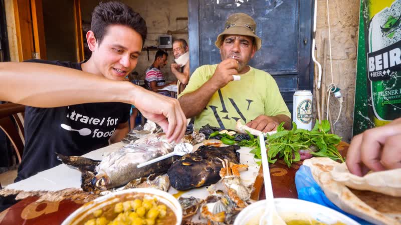 Eating PIG FISH + HUMMUS with Fishermen in Ancient Tyre , Amazing Mediterranean